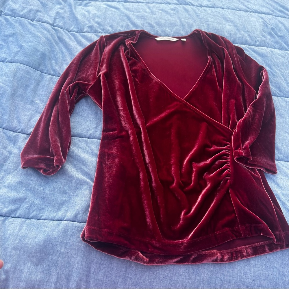 Soft Surroundings Alyssa Wrap Bodice Burgundy Velvet Deep V Neck Top Size PM